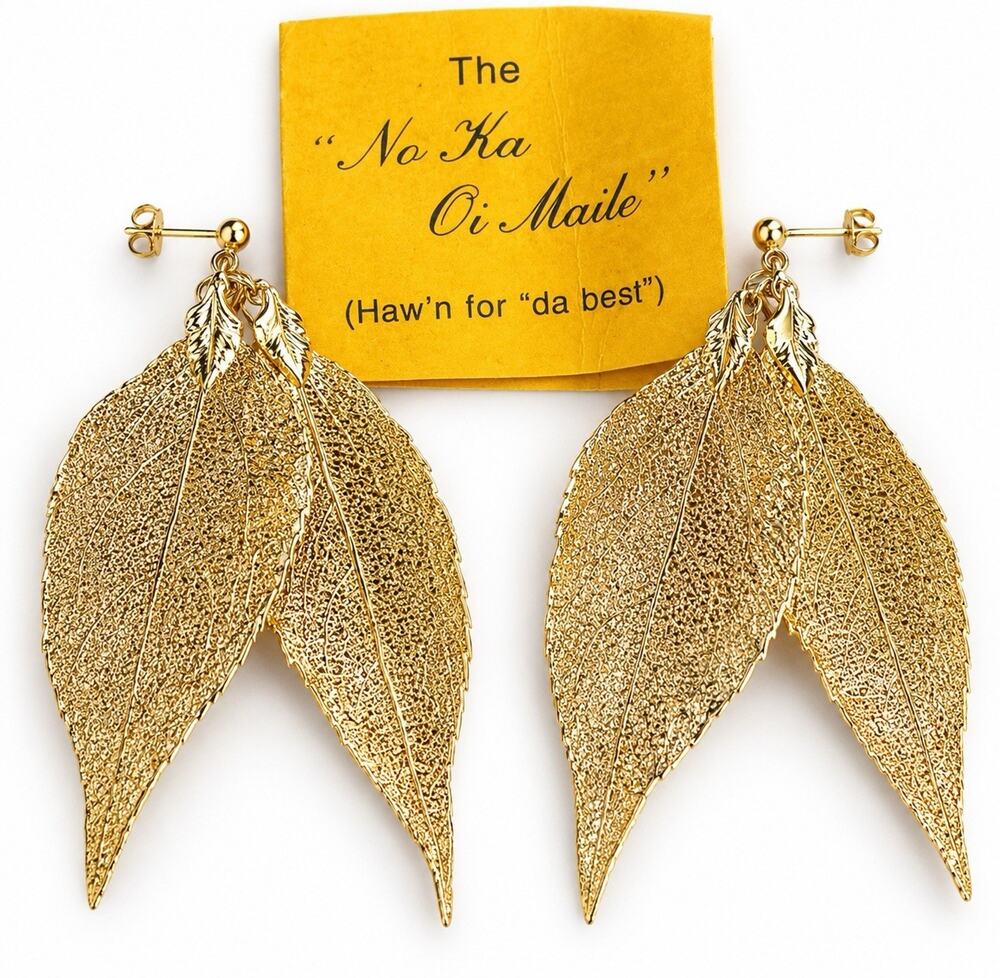Vtg Hawaiian No Ka Oi Maile Real Leaf Earrings 24K Gold Plated Pierced Dangle